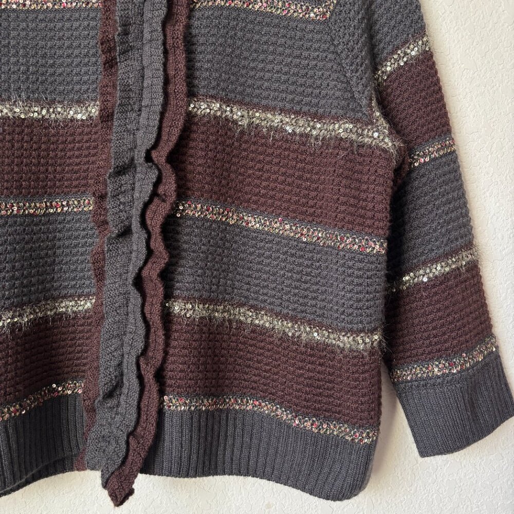 SoCa St. John Luxury Wool Silk Cashmere Striped Ruffle Cardigan Sweater - Picture 6 of 14